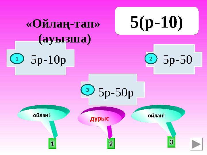 21 3 ойлан! ойлан! дұрыс 5(p-10) 5(p-10) 1 2 5p-10p 5p-50p 5p-50 3 «Ойлаң-тап» (ауызша) 21 3 ойлан! ойлан! дұрыс 5(p-10) 5(p-10) 1 2 5p-10p 5p-50p 5p-50 3 «Ойлаң-тап» (ауызша)