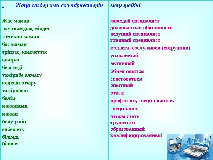 7 Жаңа сөздер мен сөз тіркестерін Жас маман лауазымдық міндет жетекші маман бас маман әріптес, қызметтес қадір