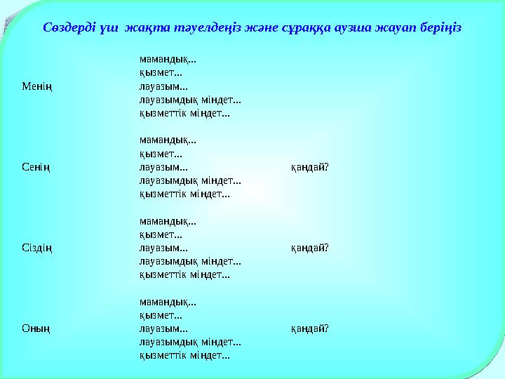 8 Сөздерді үш жақта тәуелдеңіз және сұраққа аузша жауап беріңіз мамандық... қызмет... Менің лауазым... лауазымдық міндет