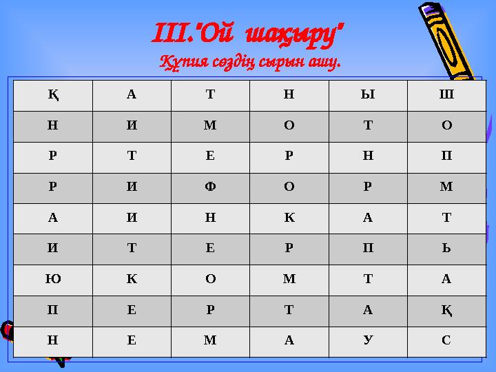 ІІІ."Ой шақыру" Құпия сөздің сырын ашу. Қ А Т Н Ы Ш Н И М О Т О Р Т Е Р Н П Р И Ф О Р М А И Н К А Т И Т Е Р П Ь Ю К О М Т А