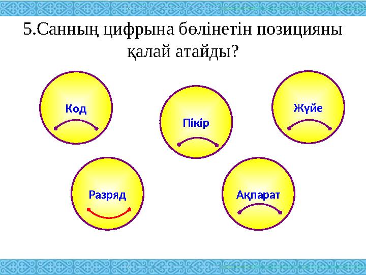 5.Санның цифрына бөлінетін позицияны қалай атайды? Код Жүйе Пікір АқпаратРазряд