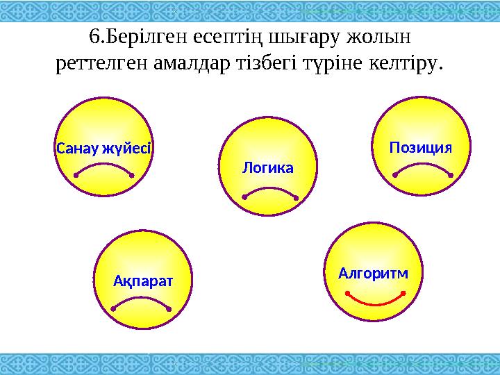 6.Берілген есептің шығару жолын реттелген амалдар тізбегі түріне келтіру. Санау жүйесі Позиция Логика Ақпарат Алгоритм