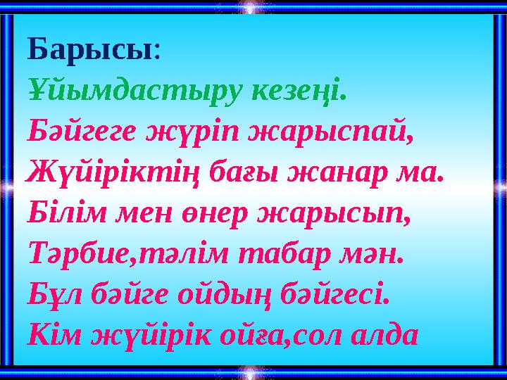 Барысы: Ұйымдастыру кезеңі. Бәйгеге жүріп жарыспай, Жүйіріктің бағы жанар ма. Білім мен өнер жарысып, Тәрбие,тәлім табар мән. Бұ