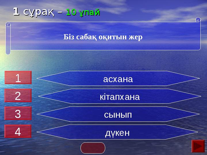 11 сұрақ – сұрақ – 10 ұпай10 ұпай асхана кітапхана сынып дүкен Біз сабақ оқитын жер 1 2 3 4