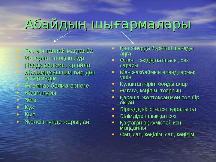Абайдың шығармаларыАбайдың шығармалары •Ғылым таппай мақтанбаҒылым таппай мақтанба •Интернатта оқып жүрИнтернатта оқып жүр •Пайд