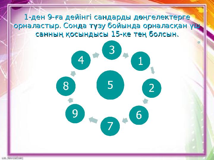 1-ден 9-ға дейінгі сандарды дөңгелектерге 1-ден 9-ға дейінгі сандарды дөңгелектерге орналастыр. Сонда түзу бойында орналасқан ү