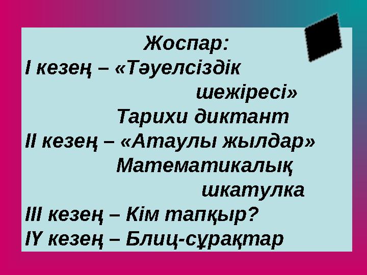 Жоспар: І кезең – «Тәуелсіздік шежіресі» Тарихи диктант ІІ кезең