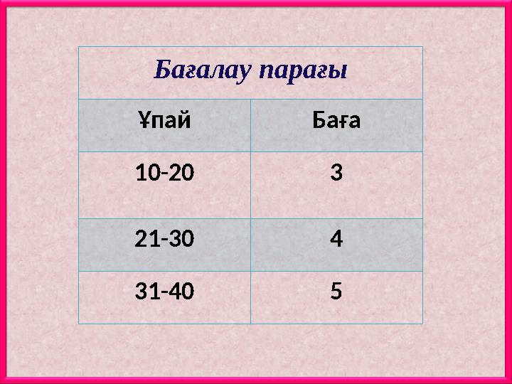 Бағалау парағы Ұпай Баға 10-20 3 21-30 4 31-40 5