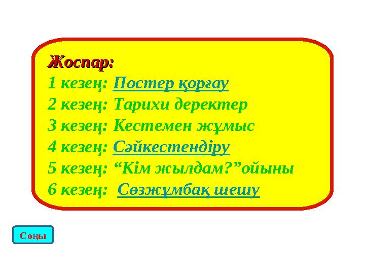 Жоспар:Жоспар: 1 кезең: Постер қорғау 2 кезең: Тарихи деректер 3 кезең: Кестемен жұмыс 4 кезең: Сәйкестендіру 5 кезең: “Кім жы