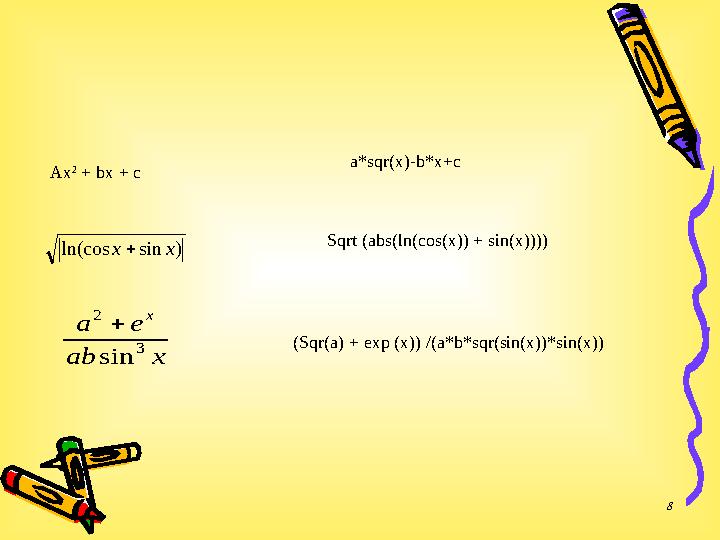 8 Ax 2 + bx + c a*sqr(x)-b*x+c )sinln(cos xx Sqrt (abs(ln(cos(x)) + sin(x)))) xab ea x 3 2 sin  (Sqr(a) + exp (x)) /(a*b*sqr(