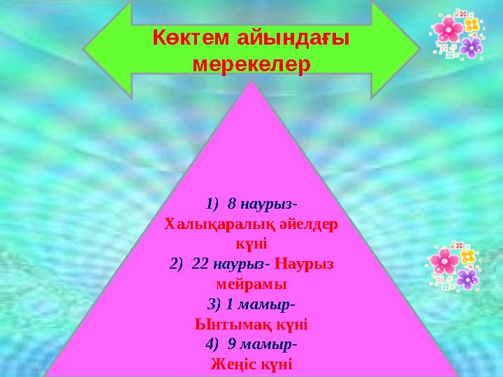 Көктем айындағы мерекелер 1) 8 наурыз- Халықаралық әйелдер күні 2) 22 наурыз- Наурыз мейрамы 3) 1 мамыр- Ынтымақ күні 4)