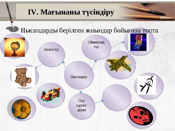 IV. Мағынаны түсіндіруОйыншық тар Ойыншық тарНысандар НысандарКөліктер Көліктер Оқу құрал- дары Оқу құрал- дары Нысандар