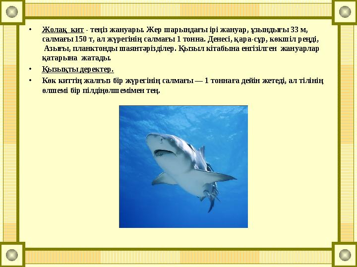 •Жолақ кит - теңіз жануары. Жер шарындағы ірі жануар, ұзындығы 33 м, салмағы 150 т, ал жүрегінің салмағы 1 тонна. Денесі, қара
