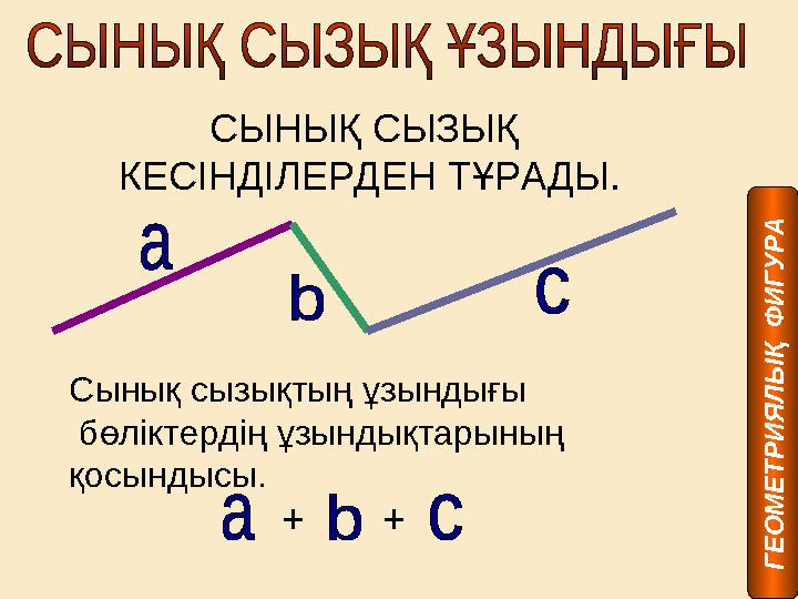 СЫНЫҚ СЫЗЫҚ КЕСІНДІЛЕРДЕН ТҰРАДЫ. Сынық сызықтың ұзындығы бөліктердің ұзындықтарының қосындысы. ++ Г Е О М Е Т Р И Я Л Ы Қ