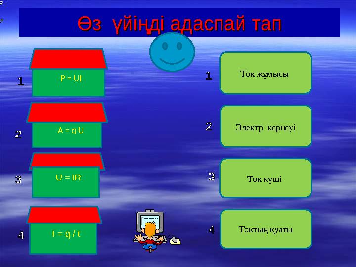 Өз үйіңді адаспай тапӨз үйіңді адаспай тап P = UI A = q U U = IR Ток жұмысы Электр кернеуі Ток күші