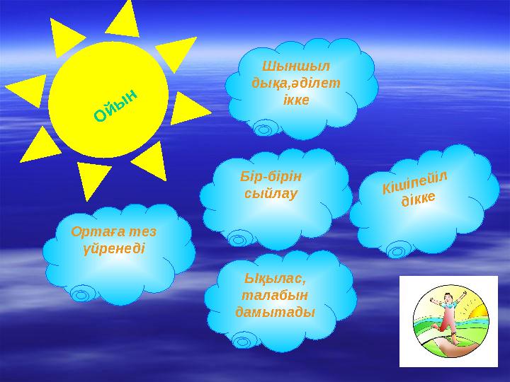 О й ы н Ортаға тез үйренеді Шыншыл дықа,әділет ікке Ықылас, талабын дамытады Бір-бірін сыйлау Кішіпейіл дікке
