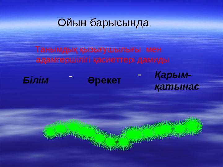 Ойын барысында Танымдық қызығушылығы мен адамгершілігі қасиеттері дамиды Білім Әрекет Қарым- қатынас - -