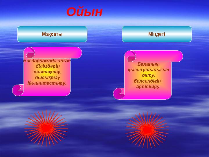 Баланың қызығушылығын ояту, белсендігін арттыру Бағдарламада алған білімдерін тиянақтау, пысықтау Қалыптастыру. Ойын Мақ