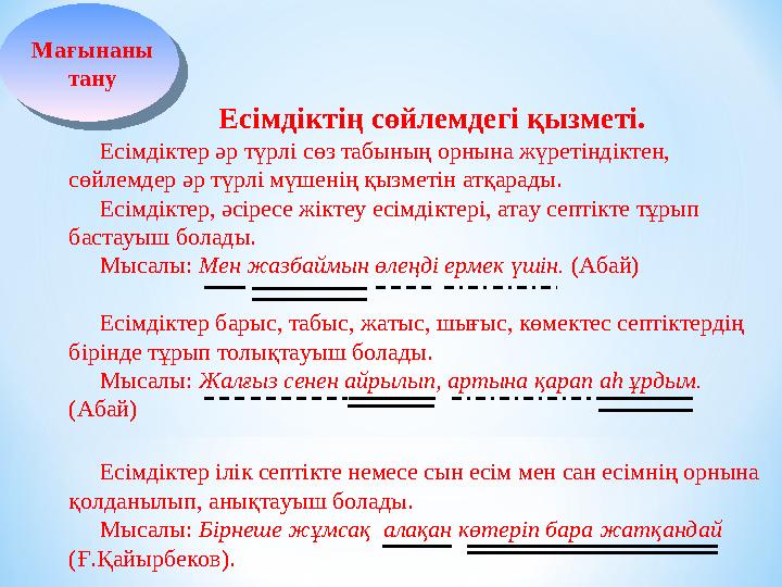 Есімдіктің сөйлемдегі қызметі. Есімдіктер әр түрлі сөз табының орнына жүретіндіктен, сөйлемдер әр түрлі мүшенің қызметін атқара