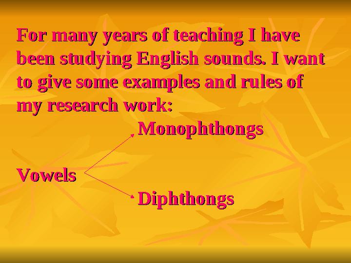 For many years of teaching I have For many years of teaching I have been studying English sounds. I want been studying Eng