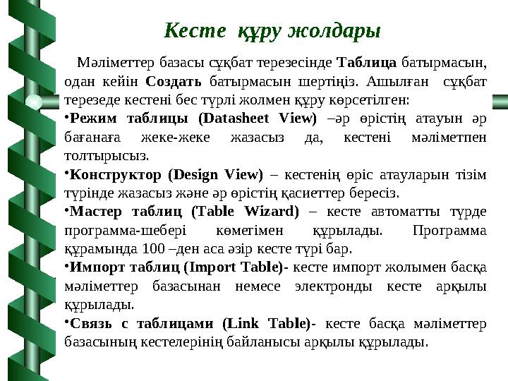 Мәліметтер базасы сұқбат терезесінде Таблица батырмасын, одан кейін Создать батырмасын шертіңіз. Ашылған сұқбат терезеде кест
