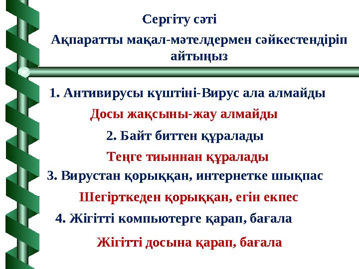 Сергіту сәті Ақпаратты мақал-мәтелдермен сәйкестендіріп айтыңыз 4. Жігітті компьютерге қарап, бағала Жігітті досына қарап, баға