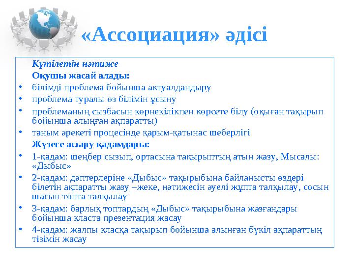 «Ассоциация» әдісі Күтілетін нәтиже Оқушы жасай алады: •білімді проблема бойынша актуалдандыру •проблема туралы өз білімін ұсын