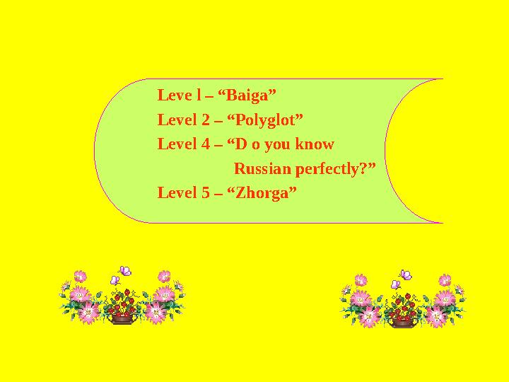 Leve l – “Baiga” Level 2 – “ Polyglot ” Level 4 – “D o you know Russian perfectly?” Level 5 – “Zhorga”