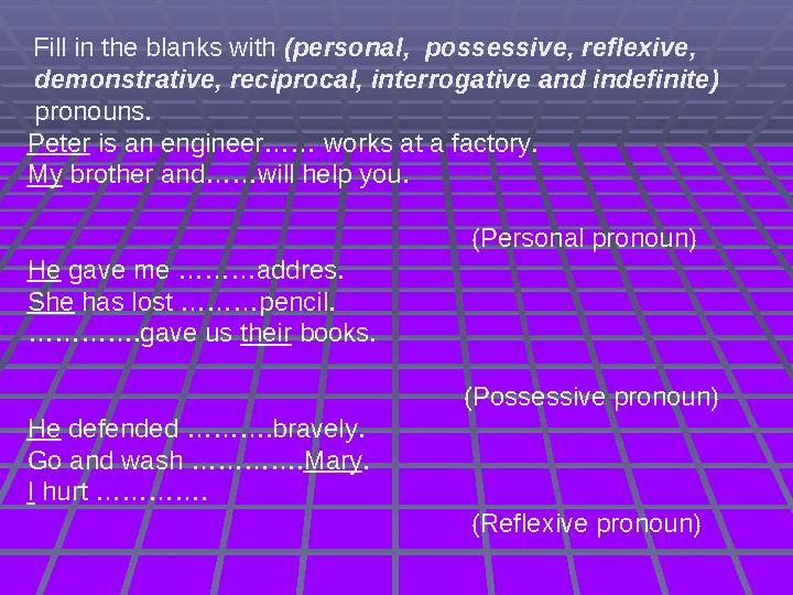 Fill in the blanks with (personal, possessive, reflexive, demonstrative, reciprocal, interrogative and indefinite) pronouns