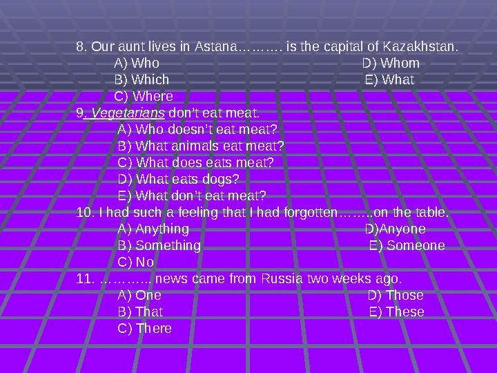 8. Our aunt lives in Astana………. is the capital of Kazakhstan. A) Who