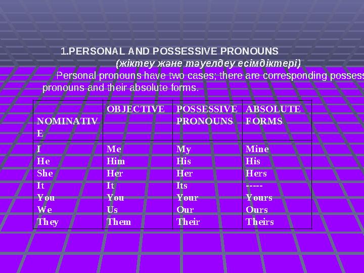 1.PERSONAL AND POSSESSIVE PRONOUNS (жіктеу және тәуелдеу есімдіктері) Personal pronouns have two cases; there