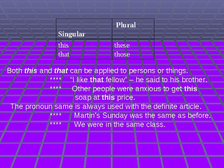 Singular Plural this that these those Both this and that can be applied to persons or things. ****