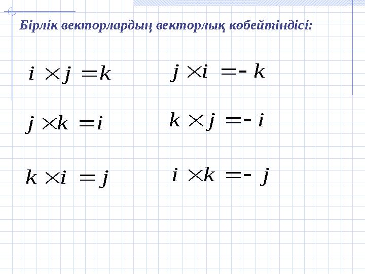 Бірлік векторлардың векторлық көбейтіндісі:k j i      i k j      j i k      k i j       i j k