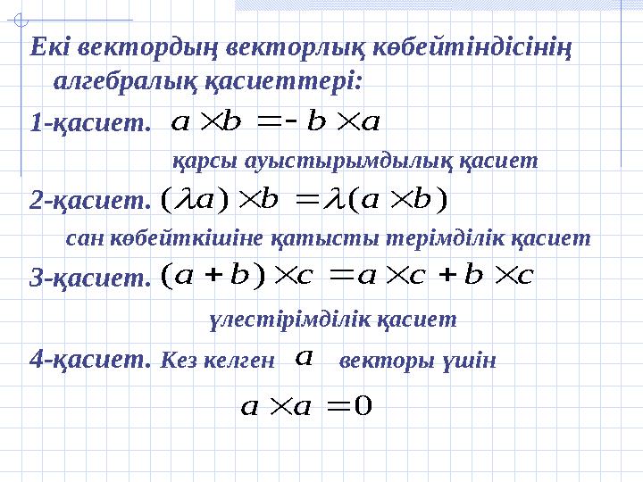 Екі вектордың векторлық көбейтіндісінің алгебралық қасиеттері: 1-қасиет. қар