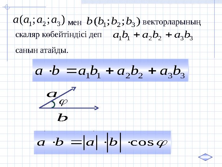 ) ; ; ( 3 2 1 a a a a  ) ; ; ( 3 2 1 b b b b мен векторларының скаляр көбейтіндісі деп