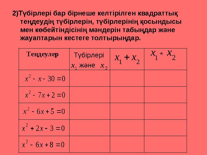 2)Түбірлері бар бірнеше келтірілген квадраттық теңдеудің түбірлерін, түбірлерінің қосындысы мен көбейтіндісінің мәндерін та