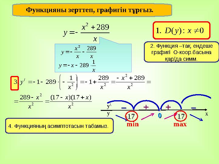 Функцияны зерттеп, графигін тұрғыз. 0:)( .1 xyD х х y 289 2 22 2 2 2 22 / )17)(17(289 289289 1 1 2891 .3 х хх х х х х хх у Функцияны зерттеп, графигін тұрғыз. 0:)( .1 xyD х х y 289 2 22 2 2 2 22 / )17)(17(289 289289 1 1 2891 .3 х хх х х х х хх у