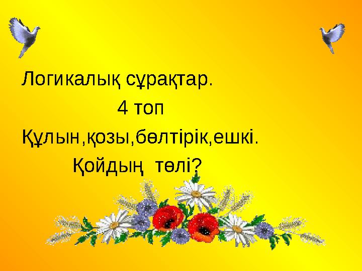 Логикалық сұрақтар. 4 топ Құлын,қозы,бөлтірік,ешкі. Қойдың төлі?