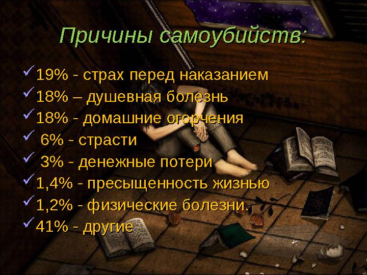 Причины самоубийств:Причины самоубийств: 19% - страх перед наказанием 19% - страх перед наказанием 18% – душевная болезнь18%