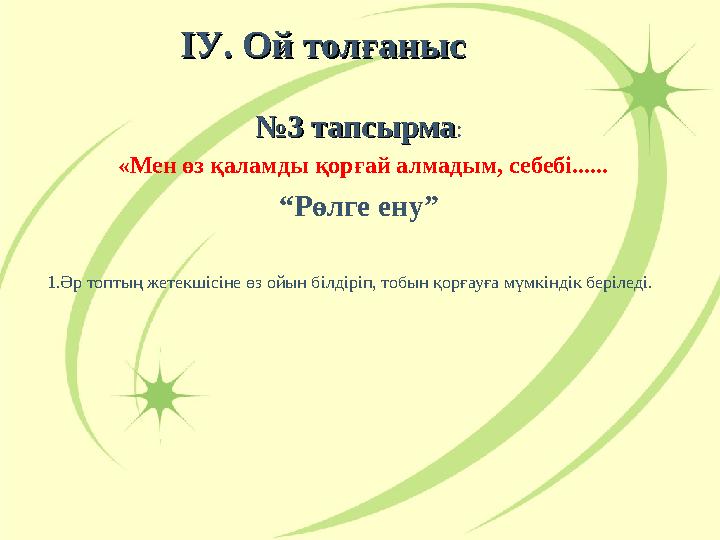 IIУУ. . Ой толғанысОй толғаныс №№3 тапсырма3 тапсырма: «Мен өз қаламды қорғай алмадым, себебі...... “Рөлге ену” 1.Әр топтың IIУУ. . Ой толғанысОй толғаныс №№3 тапсырма3 тапсырма: «Мен өз қаламды қорғай алмадым, себебі...... “Рөлге ену” 1.Әр топтың