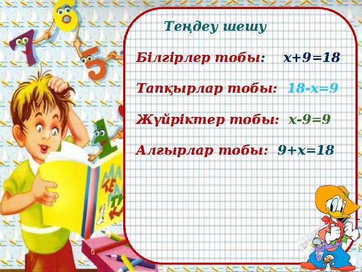 Теңдеу шешу Білгірлер тобы : х+9=18 Тапқырлар тобы: 18-х=9 Жүйріктер тобы: х-9=9 Алғырлар тобы: