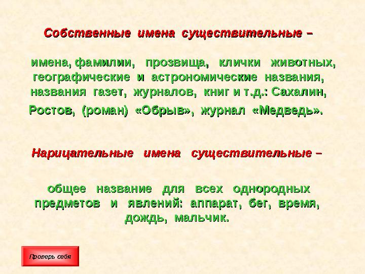 Собственные имена существительныеСобственные имена существительные –– имена, фамилии, прозвища, клички животн