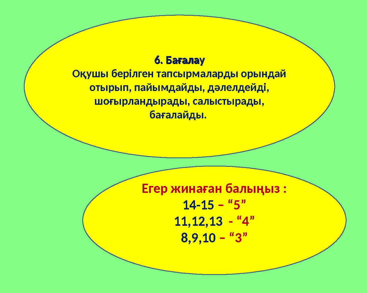 6. Бағалау6. Бағалау Оқушы берілген тапсырмаларды орындай отырып, пайымдайды, дәлелдейді, шоғырландырады, салыстырады, бағала