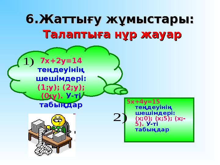 6.Жаттығу жұмыстары:6.Жаттығу жұмыстары: Талаптыға нұр жауарТалаптыға нұр жауар 5х+4у =15 теңдеуінің шешімдері: (х;0); (х