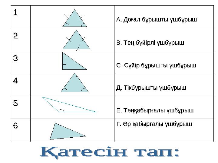 11 А. Доғал бұрышты үшбұрышА. Доғал бұрышты үшбұрыш 22 В. Тең бүйірлі үшбұрышВ. Тең бүйірлі үшбұрыш 33 С. Сүйір бұрышты үшбұр