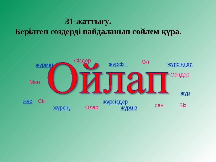 Мен Сіз Сіздер Олар жүрсіз жүрсіздер сен Біз Ол жүрміз Сендер жүр жүр жүрмін жүрсің жүрсіңдер