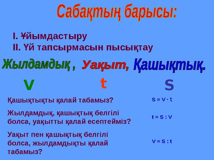 І. Ұйымдастыру ІІ. Үй тапсырмасын пысықтау Қашықтықты қалай табамыз? Жылдамдық, қашықтық белгілі болса, уақытты қалай есептейм