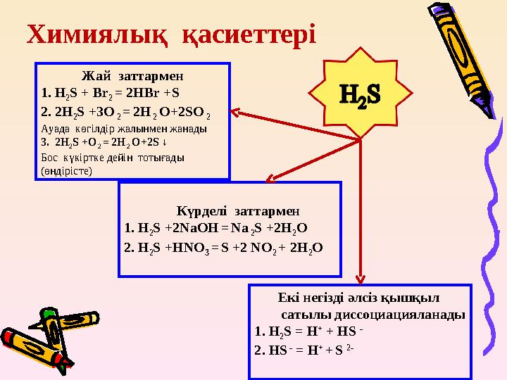 Химиялық қасиеттері Жай заттармен 1. H 2 S + Br 2 = 2HBr +S 2. 2H 2 S +3O 2 = 2H 2 O+2SO 2 Ауада көгілдір жалынмен жа