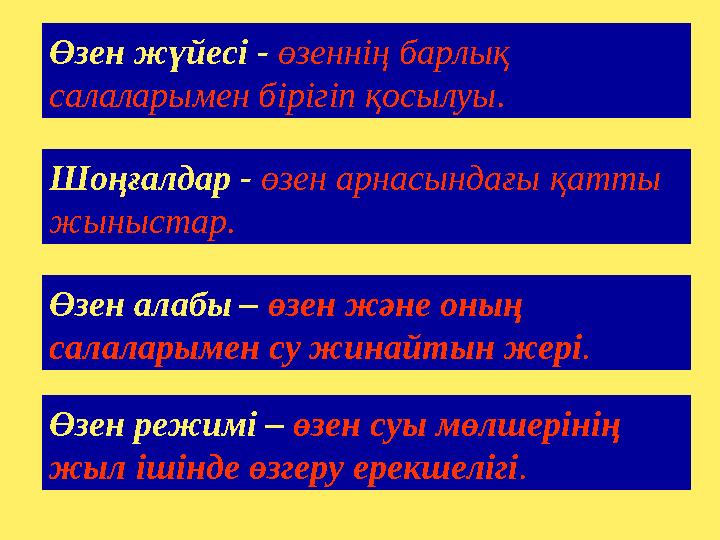 Шоңғалдар - өзен арнасындағы қатты жыныстар. Өзен алабы – өзен және оның салаларымен су жинайтын жері. Өзен режимі – өзен суы