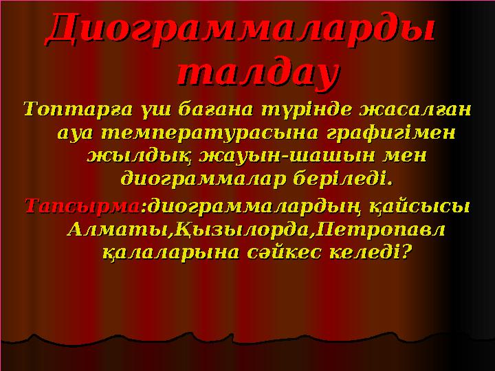 Диограммаларды Диограммаларды талдауталдау Топтарға үш бағана түрінде жасалған Топтарға үш бағана түрінде жасалған ауа темпе